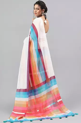 White linen printed saree with blouse