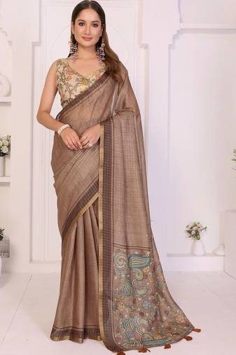Brown linen printed saree with blouse