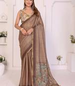 Brown linen printed saree with blouse