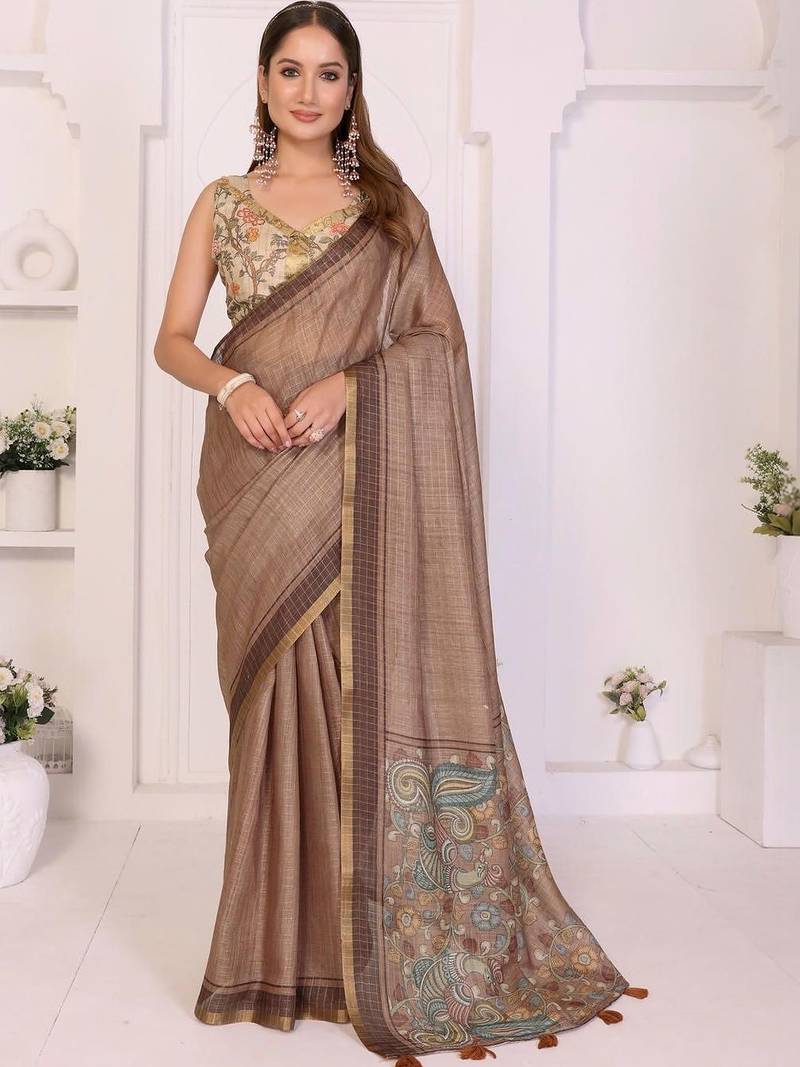 Brown linen printed saree with blouse
