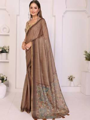 Brown linen printed saree with blouse 2