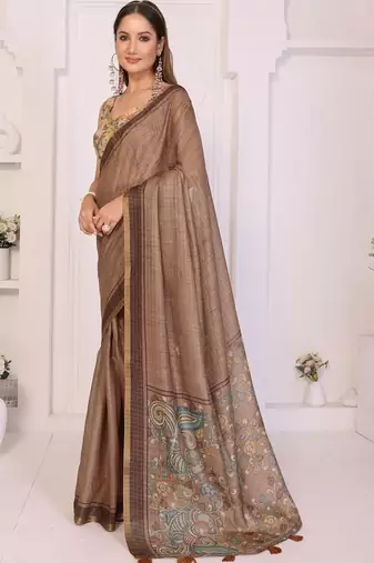 Brown linen printed saree with blouse
