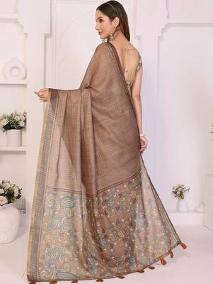 Brown linen printed saree with blouse 3