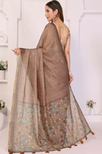 Brown linen printed saree with blouse