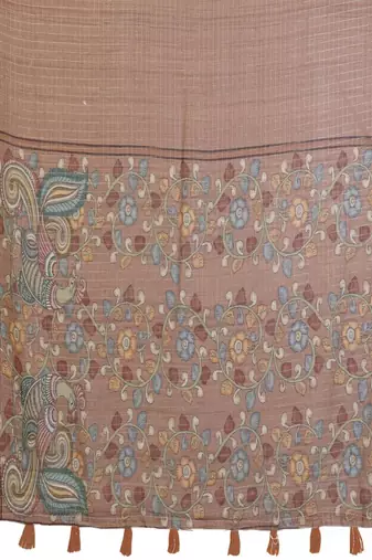 Brown linen printed saree with blouse