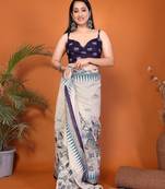Off white pure linen printed saree with blouse