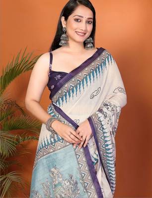 Off white pure linen printed saree with blouse 2
