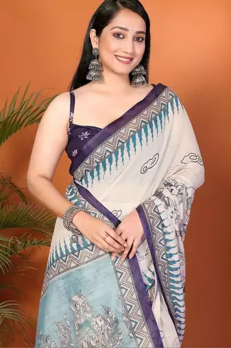 Off white pure linen printed saree with blouse