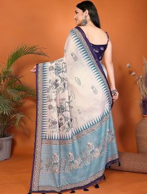 Off white pure linen printed saree with blouse 3