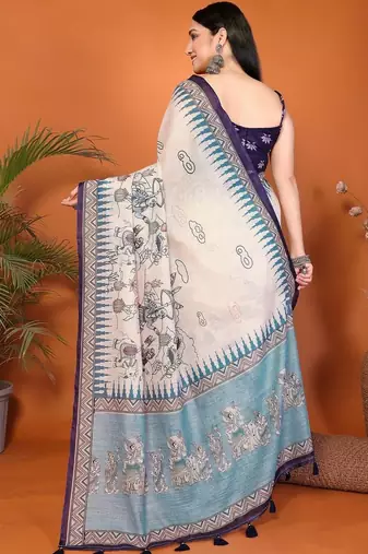 Off white pure linen printed saree with blouse