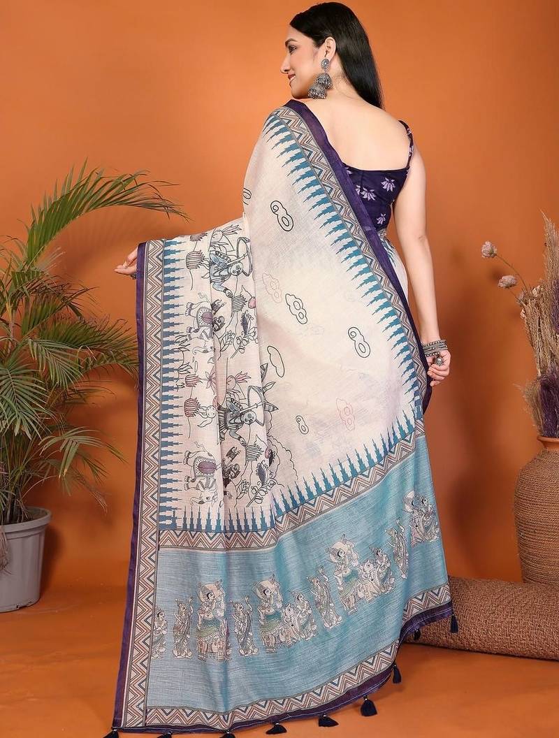 Off white pure linen printed saree with blouse