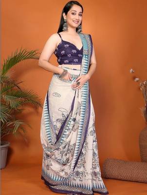 Off white pure linen printed saree with blouse 5