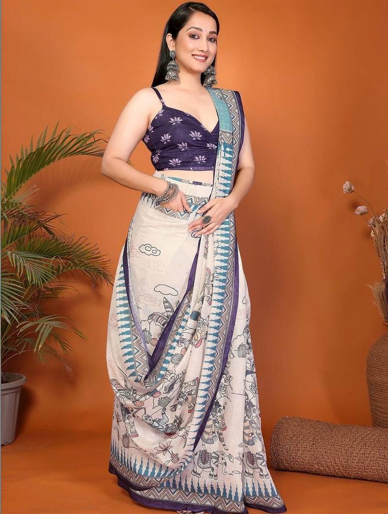 Off white pure linen printed saree with blouse