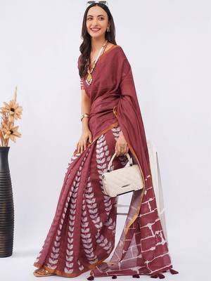 Maroon pure linen printed saree with blouse 1