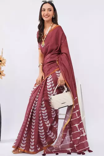Maroon pure linen printed saree with blouse