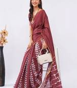 Maroon pure linen printed saree with blouse