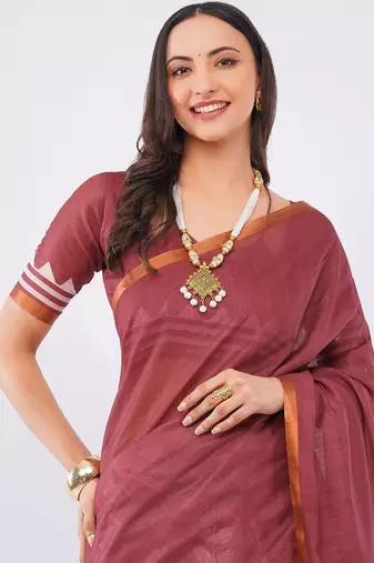 Maroon pure linen printed saree with blouse