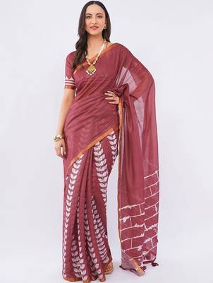 Maroon pure linen printed saree with blouse 3