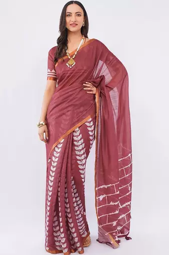 Maroon pure linen printed saree with blouse
