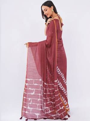 Maroon pure linen printed saree with blouse 4