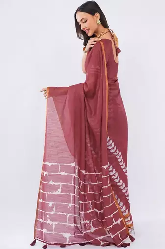 Maroon pure linen printed saree with blouse