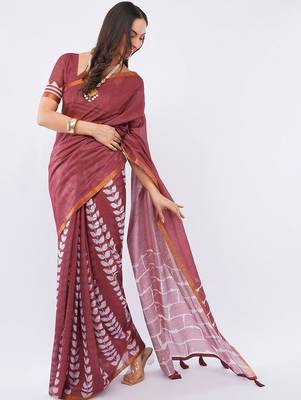 Maroon pure linen printed saree with blouse 5