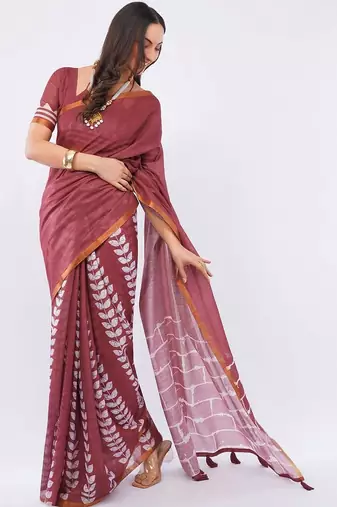 Maroon pure linen printed saree with blouse