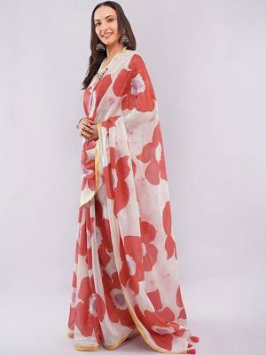 Orange pure linen printed saree with blouse 1