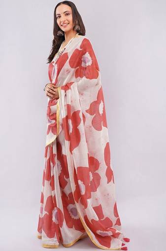 Orange pure linen printed saree with blouse
