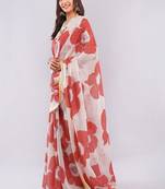 Orange pure linen printed saree with blouse