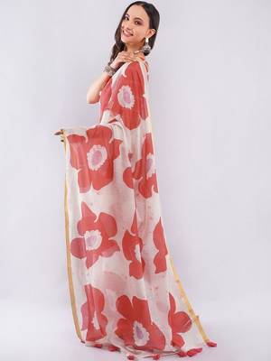 Orange pure linen printed saree with blouse 2