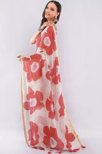 Orange pure linen printed saree with blouse