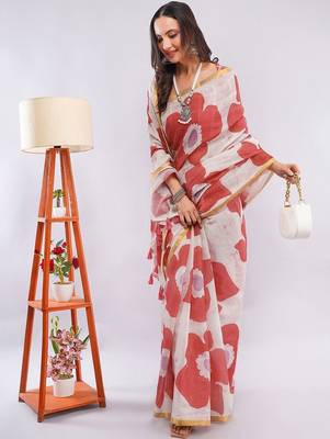 Orange pure linen printed saree with blouse 3