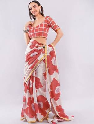 Orange pure linen printed saree with blouse 4