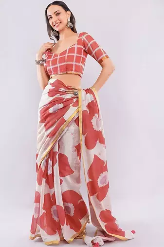 Orange pure linen printed saree with blouse