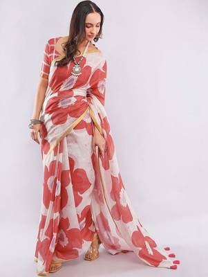 Orange pure linen printed saree with blouse 5