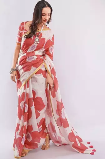 Orange pure linen printed saree with blouse