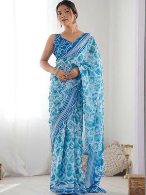 Blue pure georgette printed saree with blouse 1