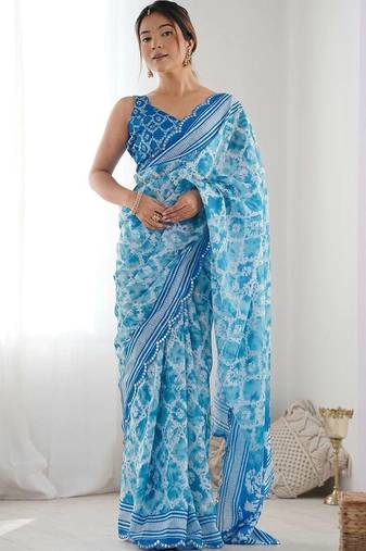 Blue pure georgette printed saree with blouse