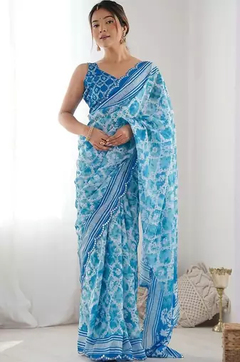 Blue pure georgette printed saree with blouse