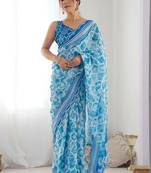 Blue pure georgette printed saree with blouse