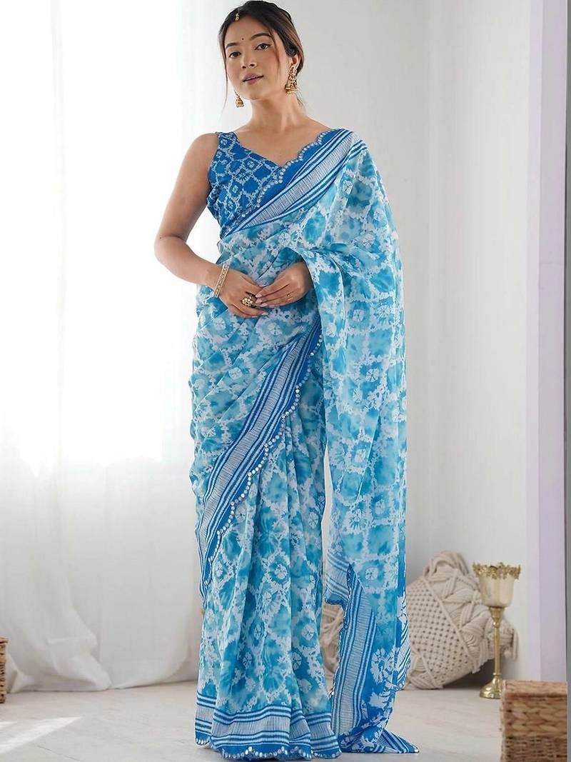 Blue pure georgette printed saree with blouse