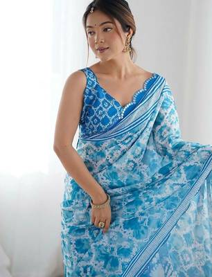 Blue pure georgette printed saree with blouse 2