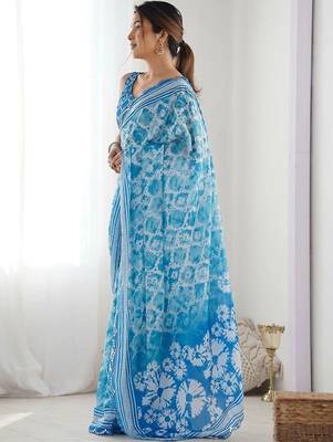 Blue pure georgette printed saree with blouse 3