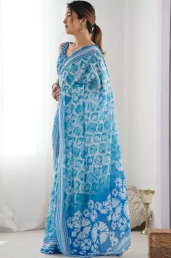 Blue pure georgette printed saree with blouse