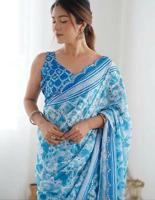 Blue pure georgette printed saree with blouse 5