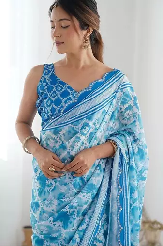 Blue pure georgette printed saree with blouse
