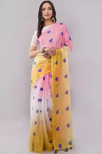 Multicolor pure linen printed saree with blouse
