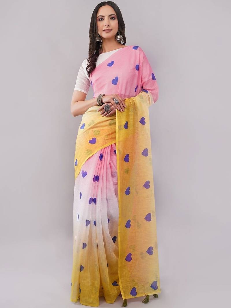 Multicolor pure linen printed saree with blouse