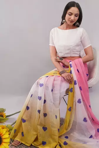Multicolor pure linen printed saree with blouse